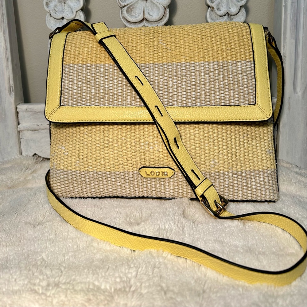 Lodis Lemon Yellow and Cream Crossbody Leather and Straw Bag
